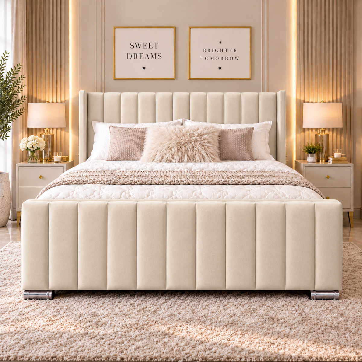 Luxury vertical panel wingback bed with upholstered headboard and matching footboard