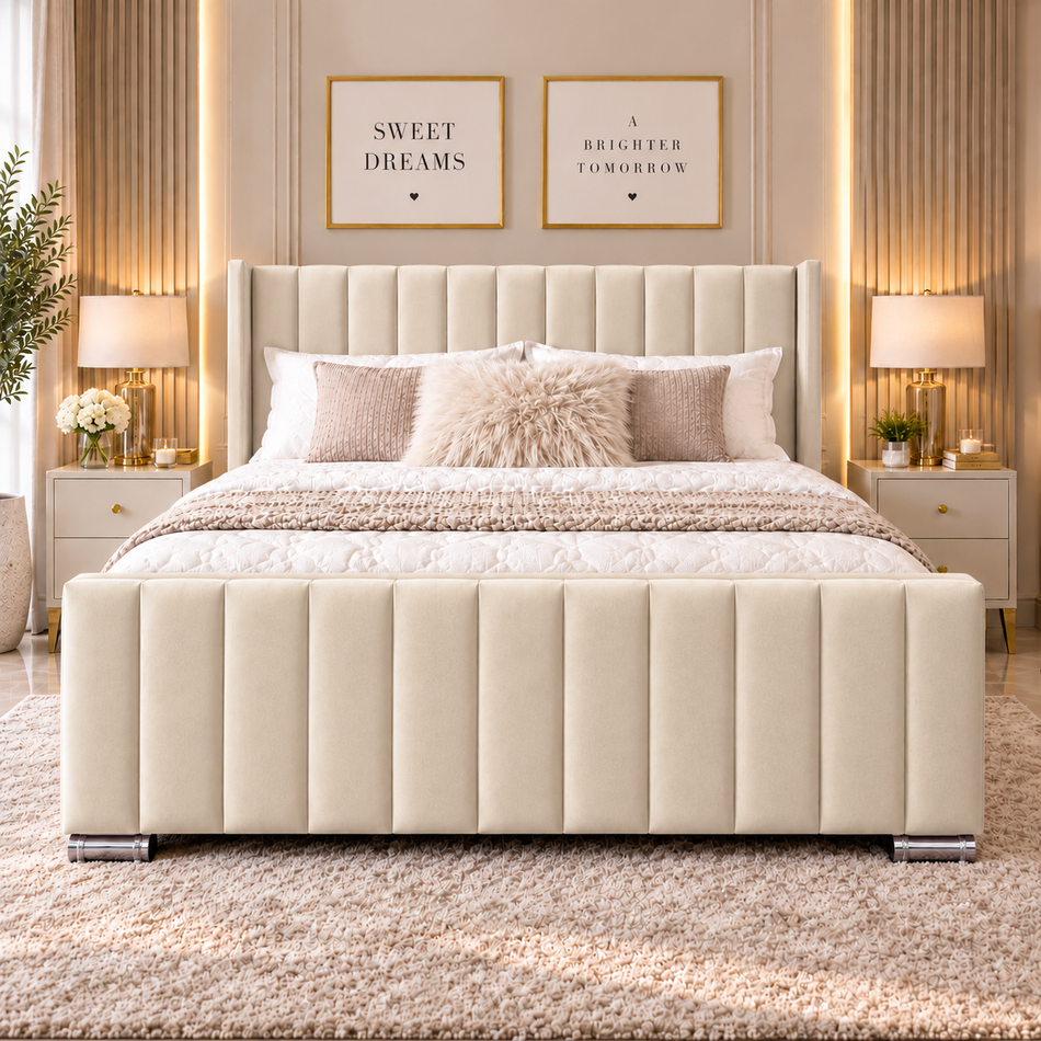 Luxury vertical panel wingback bed with upholstered headboard and matching footboard
