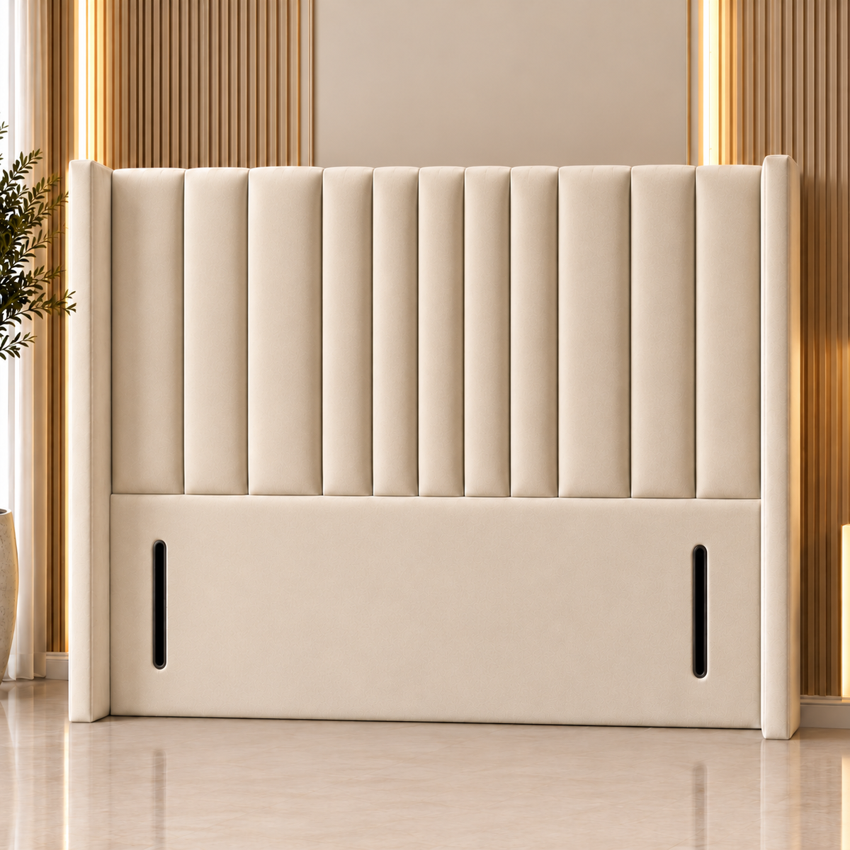 Luxury cream plush velvet wingback divan bed with vertical panel upholstered headboard, handmade in the UK