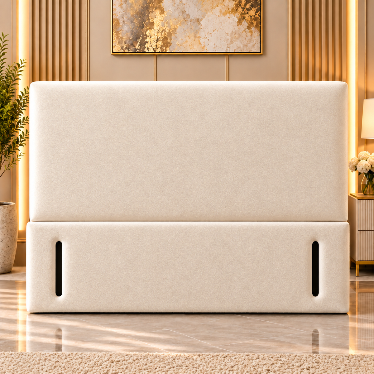 Luxury cream plush velvet plain divan bed with smooth padded upholstered headboard handmade in the UK