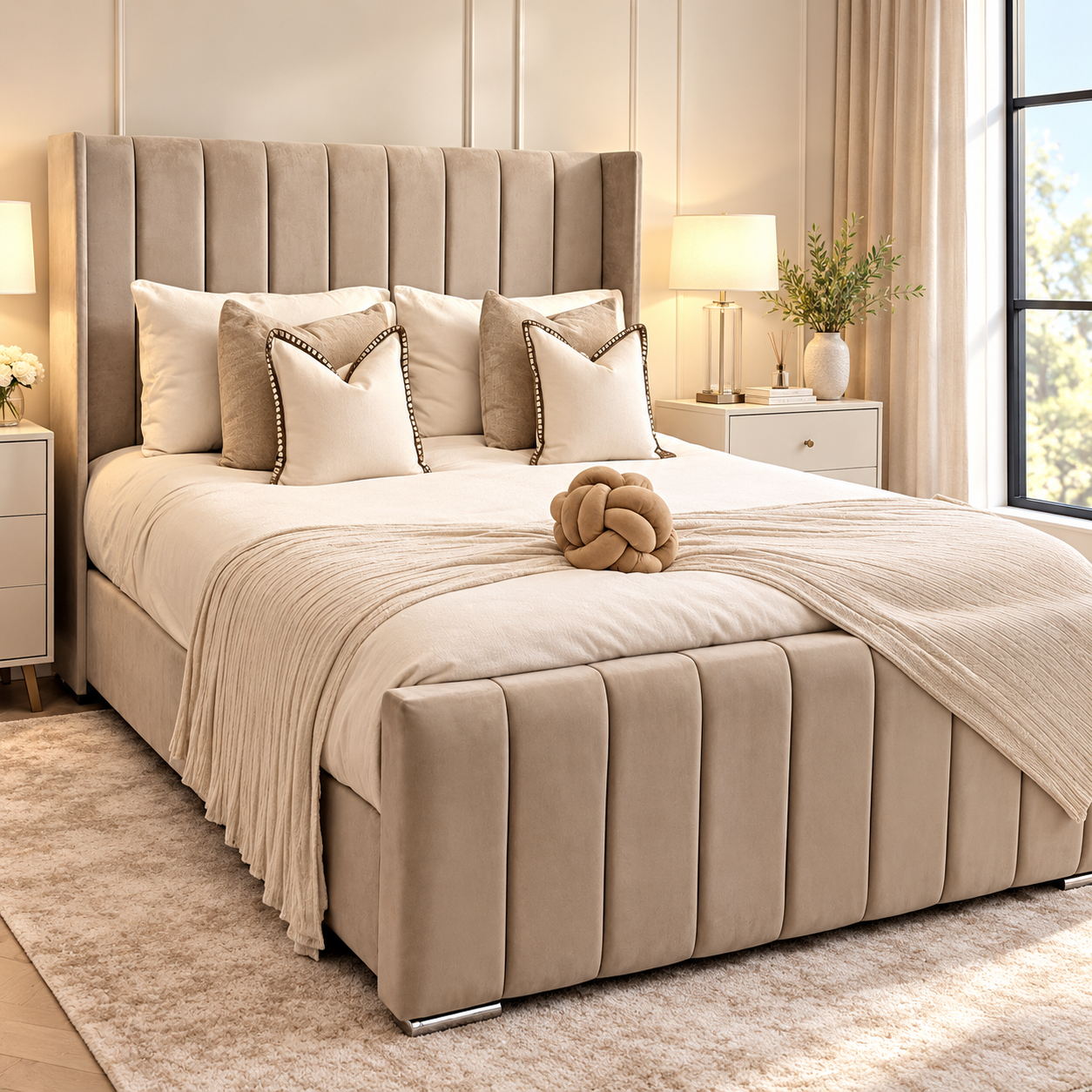 Luxury upholstered wingback bed with optional ottoman storage UK made