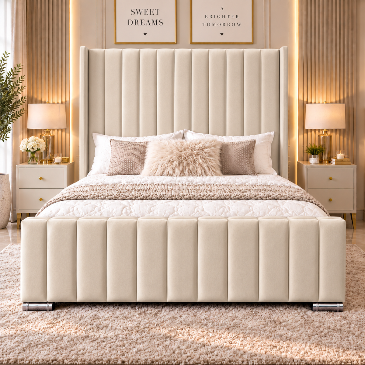 king size Luxury wingback bed with 60 inch tall headboard and matching panel footboard