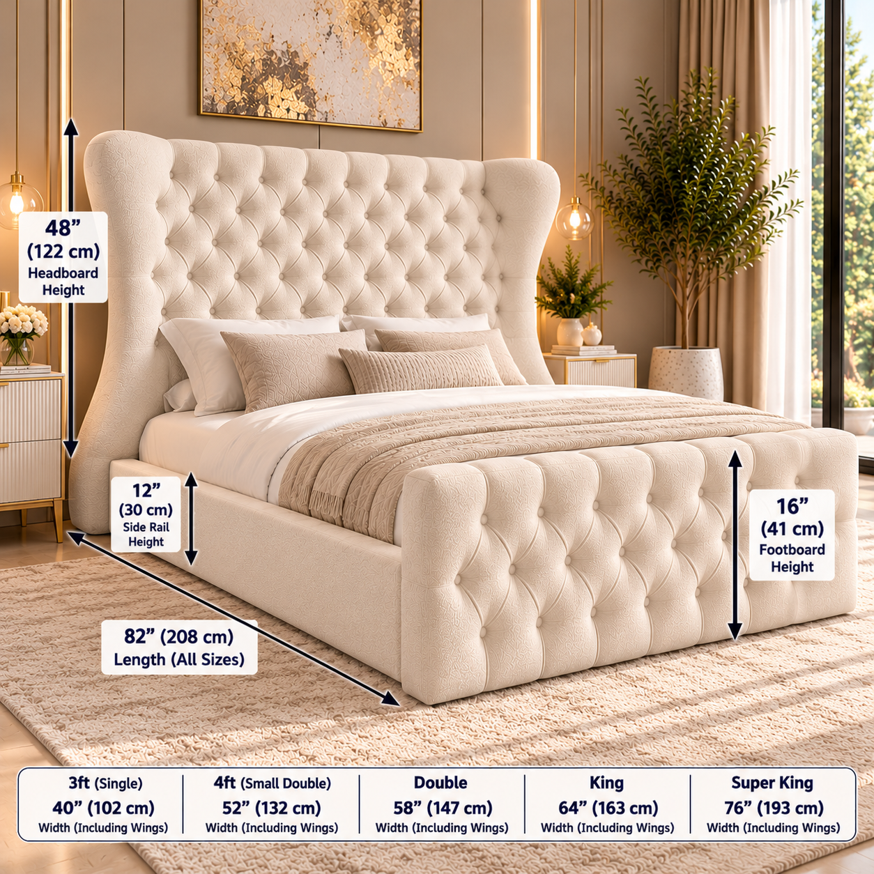 Chelsea plush velvet upholstered bed frame with matching buttoned footboard