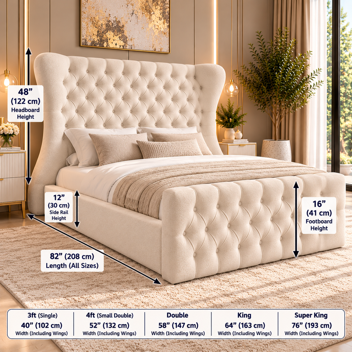 Chelsea plush velvet upholstered bed frame with matching buttoned footboard