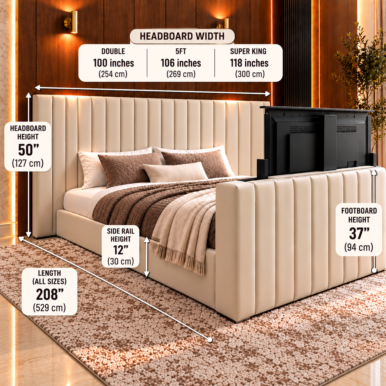 Extra wide headboard TV bed with vertical panels and built in TV lift