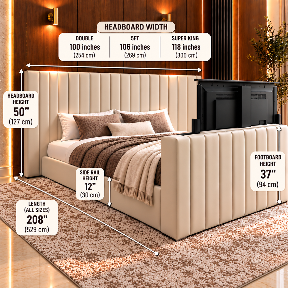 Extra wide headboard TV bed with vertical panels and built in TV lift
