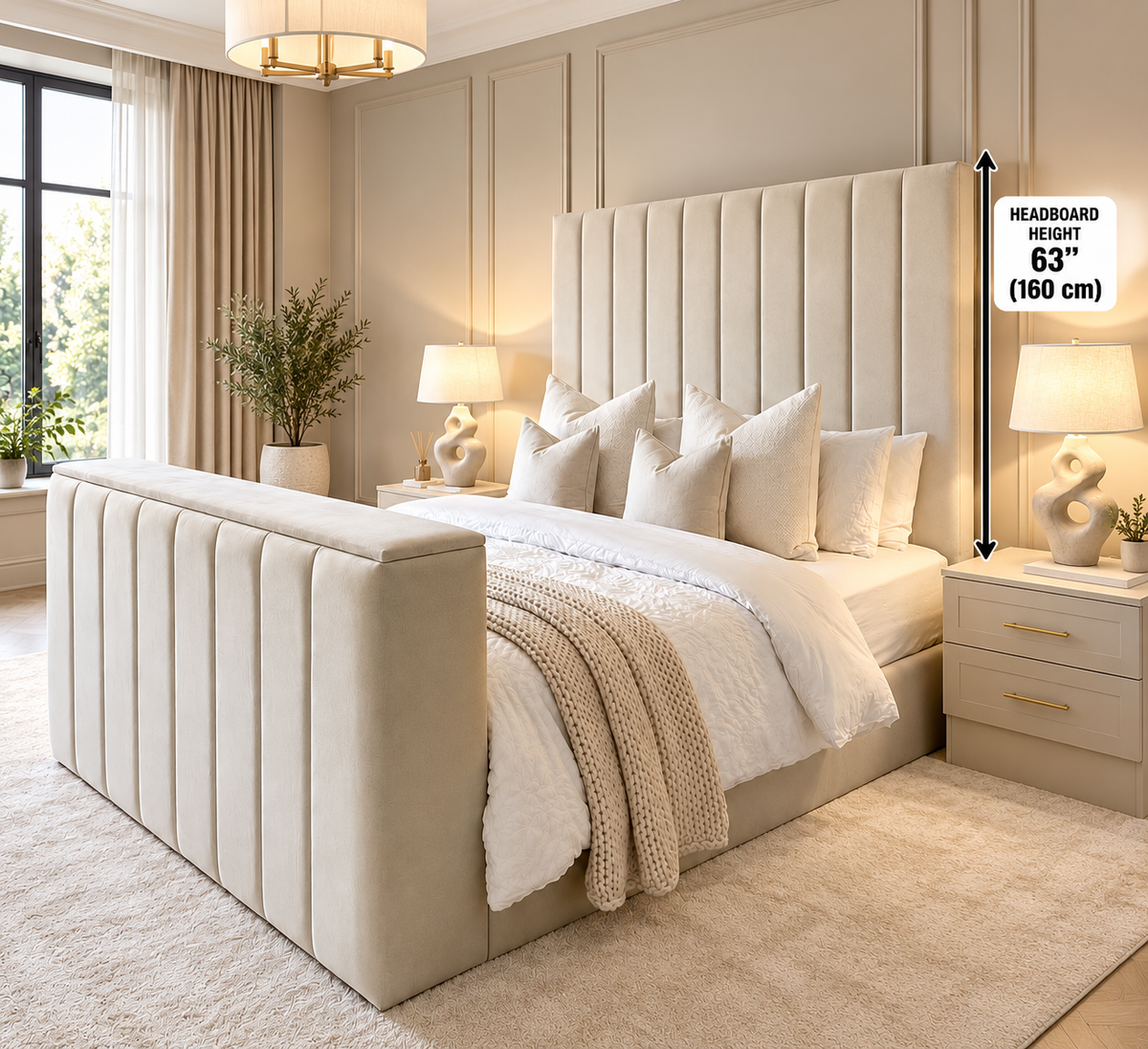 The Duke 63 inch tall headboard TV bed with premium cream upholstery and vertical panel design