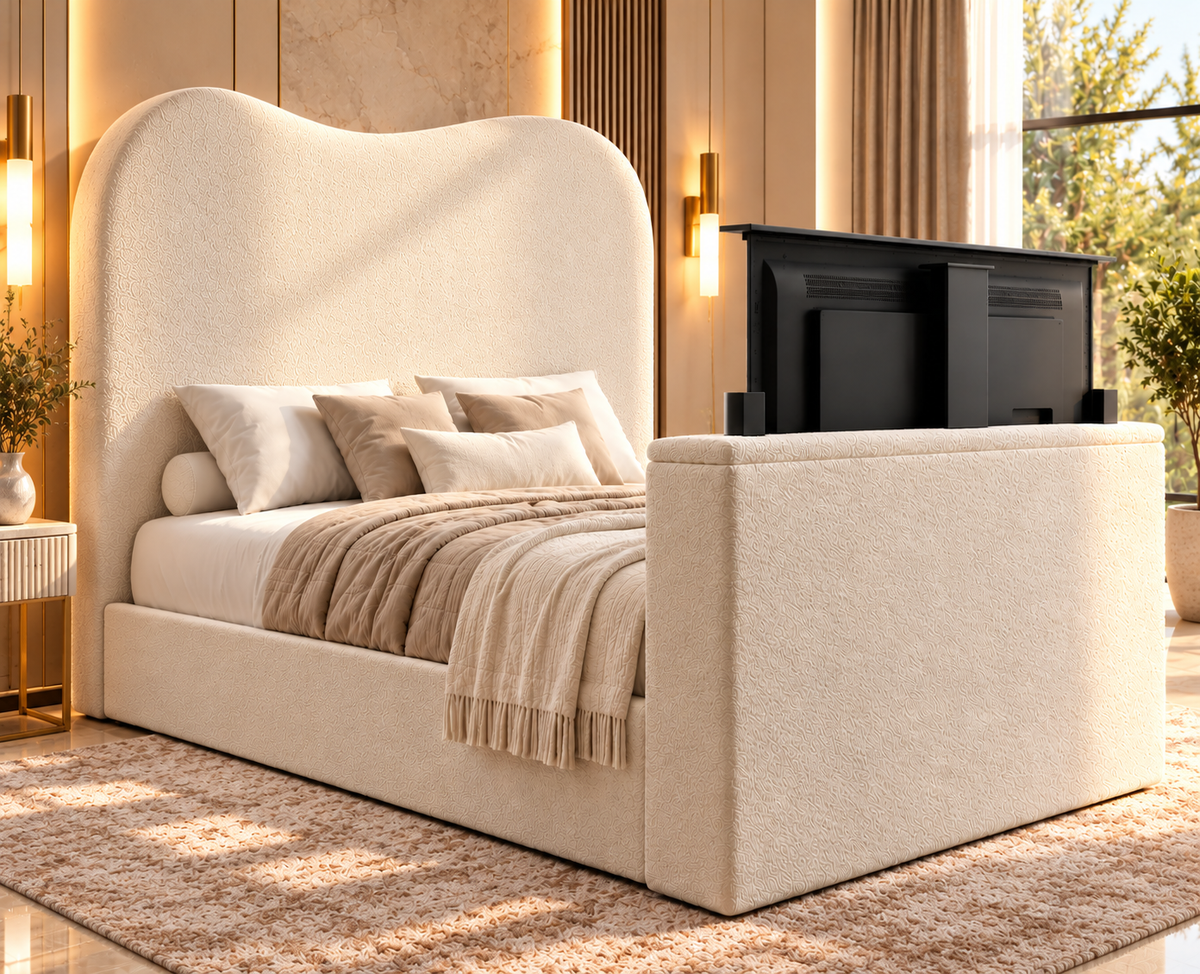 Cream Bouclé TV bed frame with 70 inch tall curved upholstered headboard
