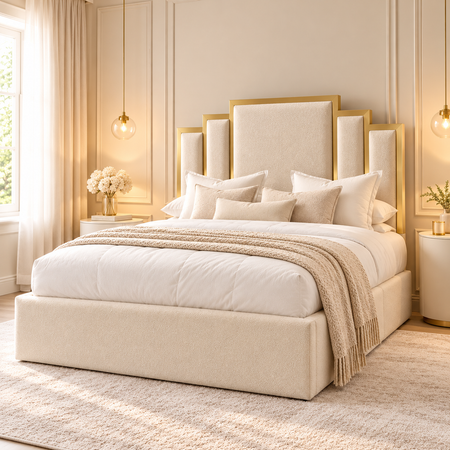 Luxury Art Deco gold trim upholstered bed frame in cream with vertical panel headboard, handmade in the UK.