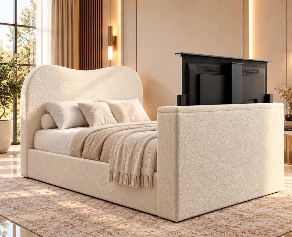 Luxury Teddy Bouclé TV bed with curved headboard and electric TV lift