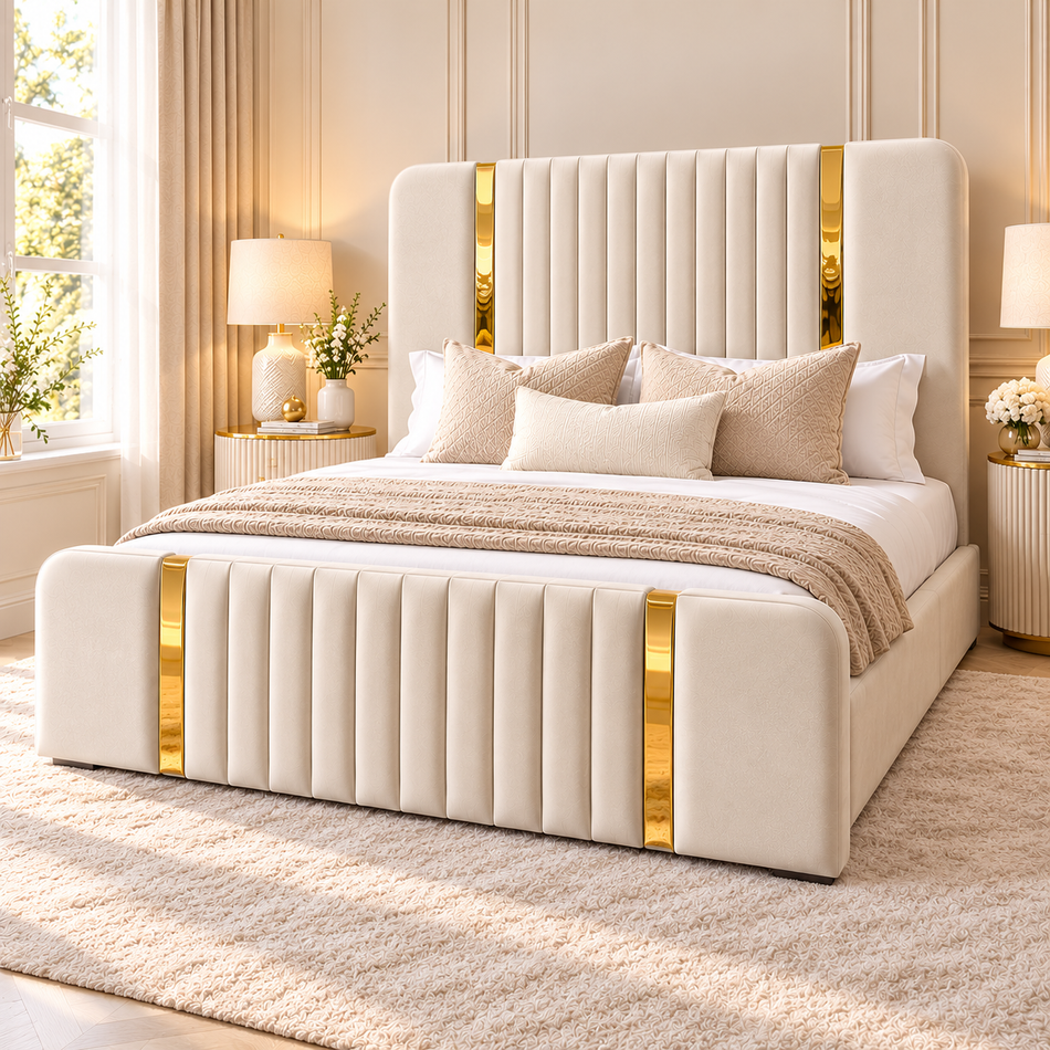 The Monaco Luxury Gold Trim Bed – Vertical Panel Upholstered Bed Frame