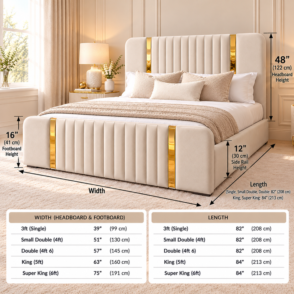 The Monaco Luxury Gold Trim Bed – Vertical Panel Upholstered Bed Frame