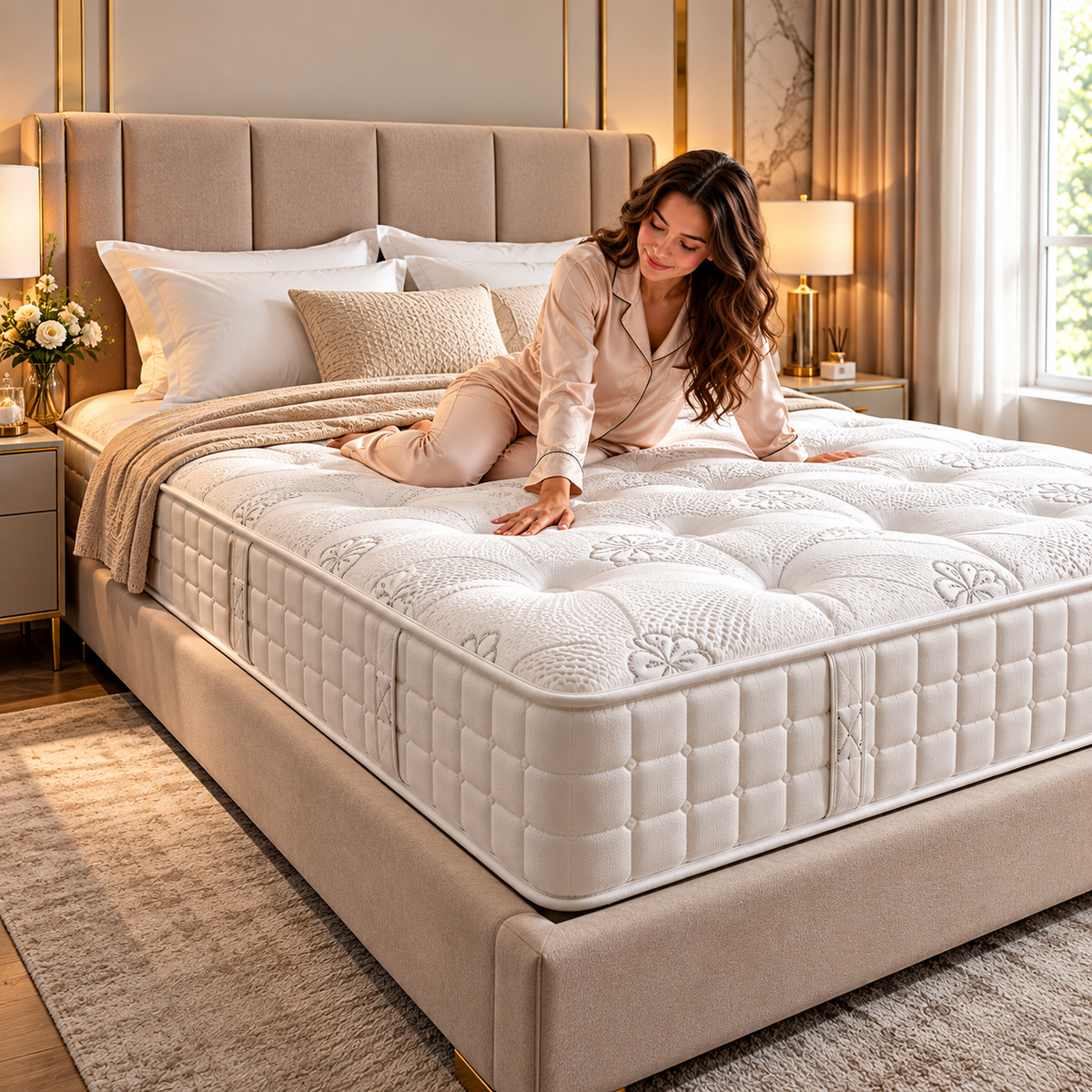 1000 Pocket Sprung Mattress Double, King & Super King – Comfortable pocket spring mattress displayed on a luxury upholstered bed with elegant bedroom décor.