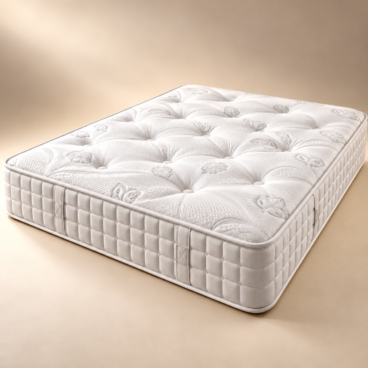 1000 Pocket Sprung Mattress UK – Luxury quilted mattress on an upholstered bed with a woman testing its comfort.
