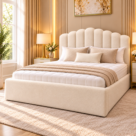 Luxury cream teddy bouclé bed frame with scalloped curved headboard and upholstered footboard.