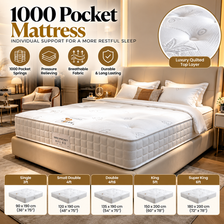 Luxury 1000 Pocket Spring Mattress – Woman checking the soft quilted surface of a premium white mattress in a modern bedroom.