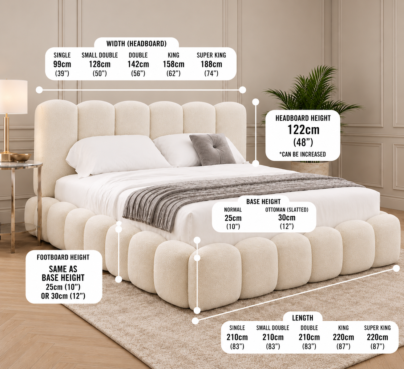 Cream teddy bed frame with upholstered bouclé headboard and matching panels