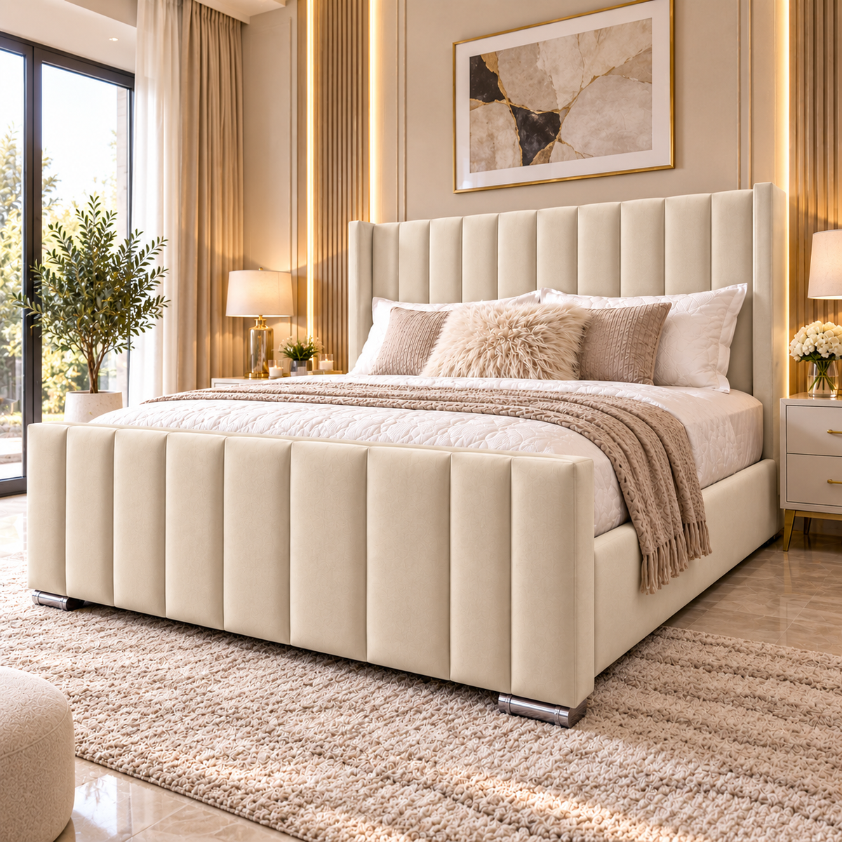 Luxury upholstered wingback bed with 48 inch vertical panel headboard