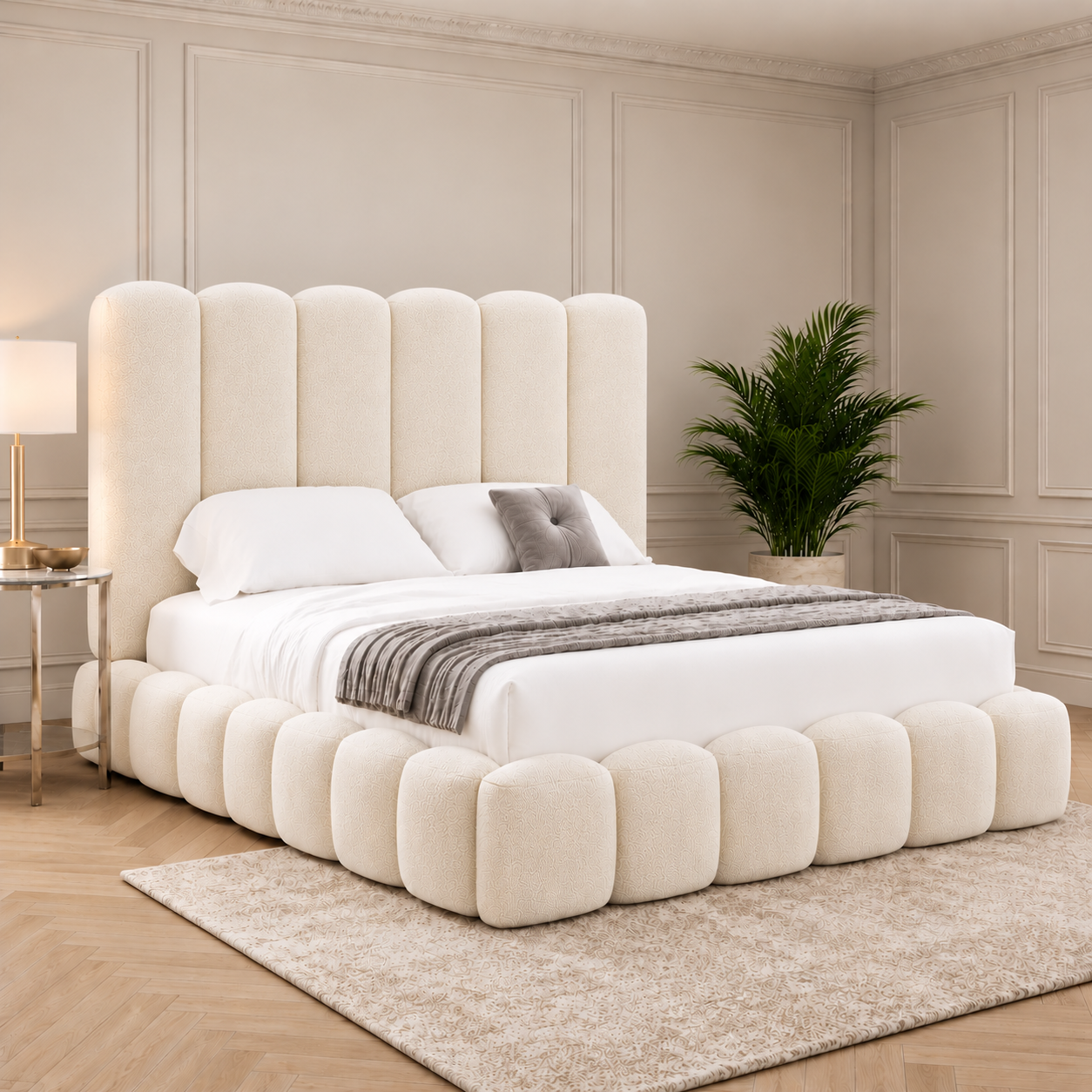 Luxury boucle bed frame with 48 inch headboard handmade in the UK
