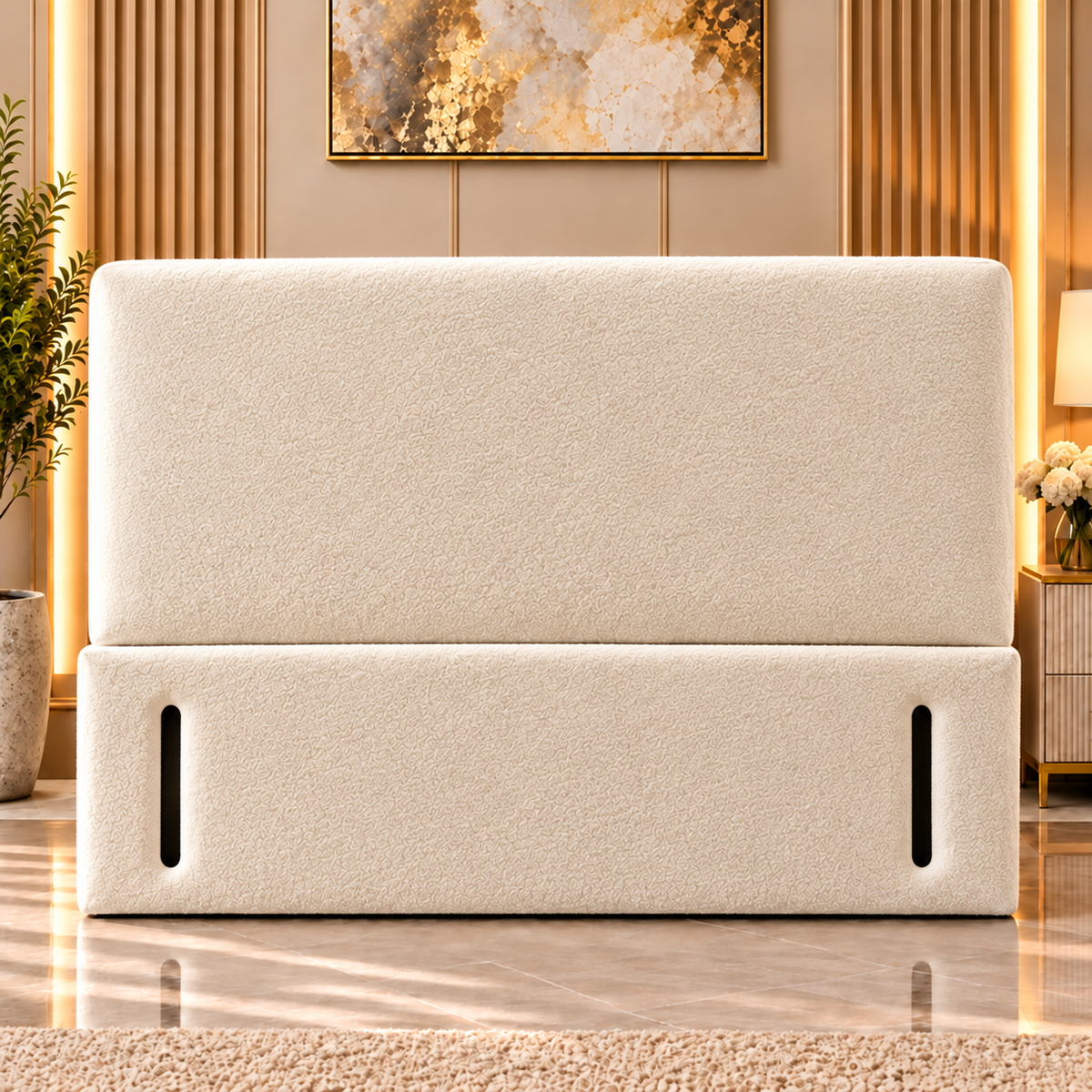 Luxury cream teddy bouclé divan bed with plain padded upholstered headboard handmade in the UK