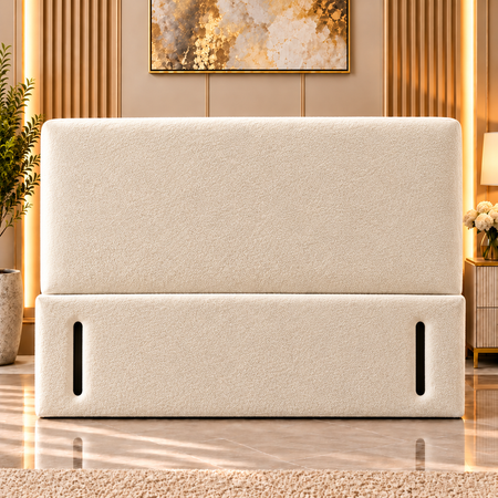 Luxury cream teddy bouclé divan bed with plain padded upholstered headboard handmade in the UK
