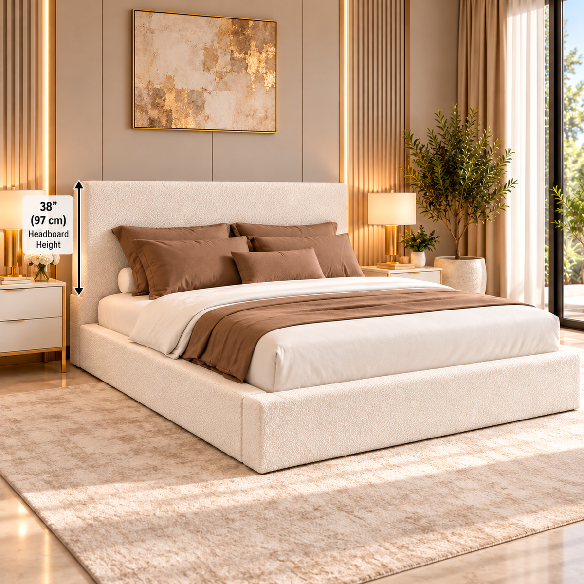 Luxury cream bouclé bed frame with chunky upholstered side rails