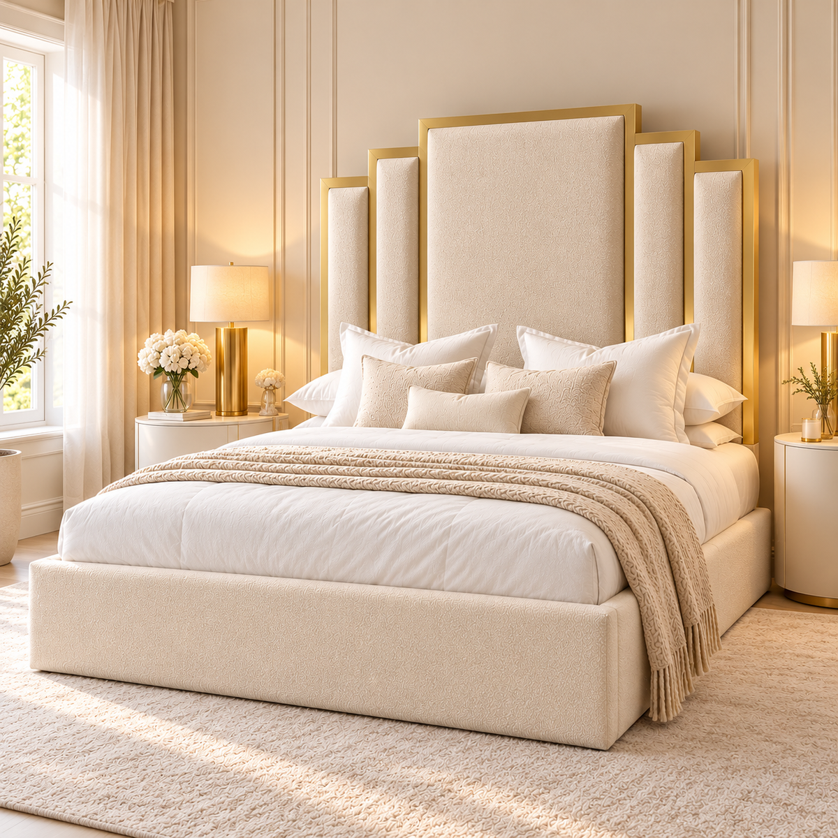 Luxury cream and gold upholstered bed frame with vertical channel stitching, stylish Art Deco bedroom furniture UK