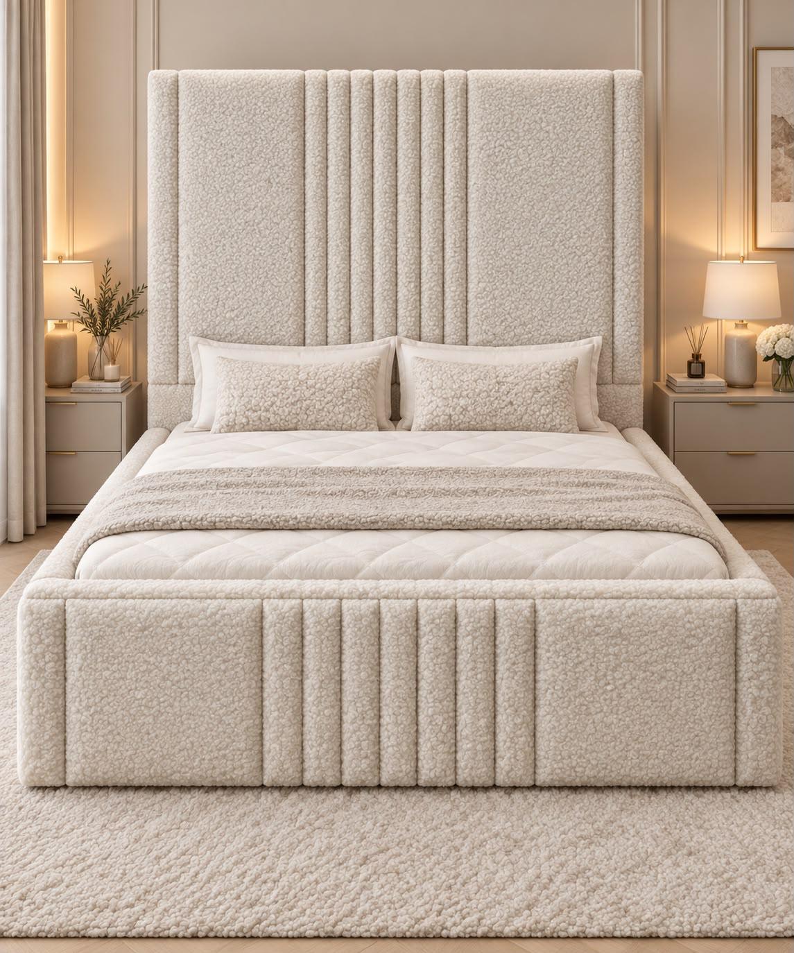 Kensington 70 Inch Tall Teddy Bouclé Bed in Cream – Luxury Upholstered Bed