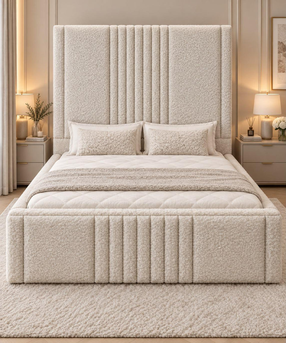 Kensington luxury teddy bouclé bed with 70-inch-tall upholstered headboard cream