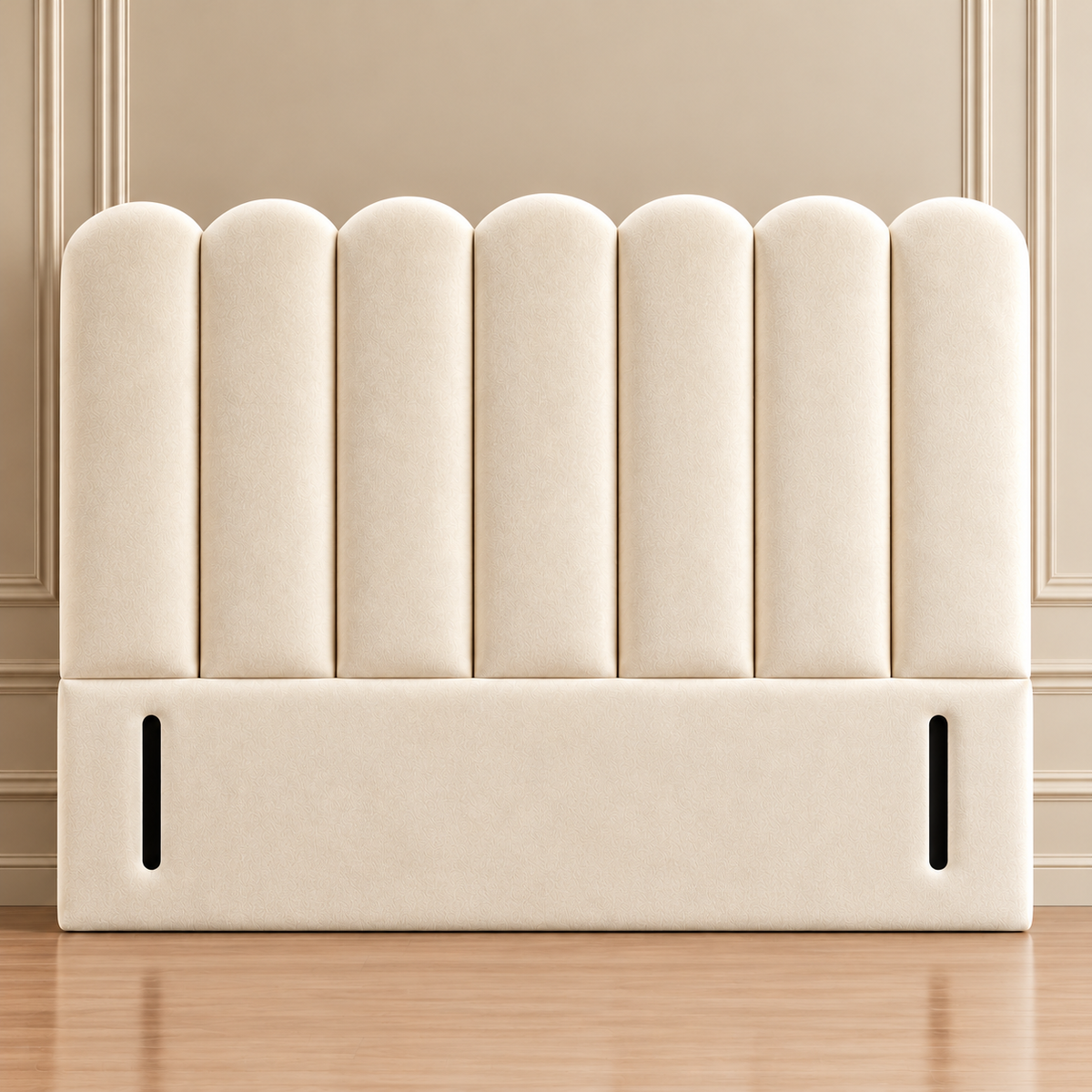 Luxury cream plush velvet scallop divan bed with rounded vertical panel upholstered headboard