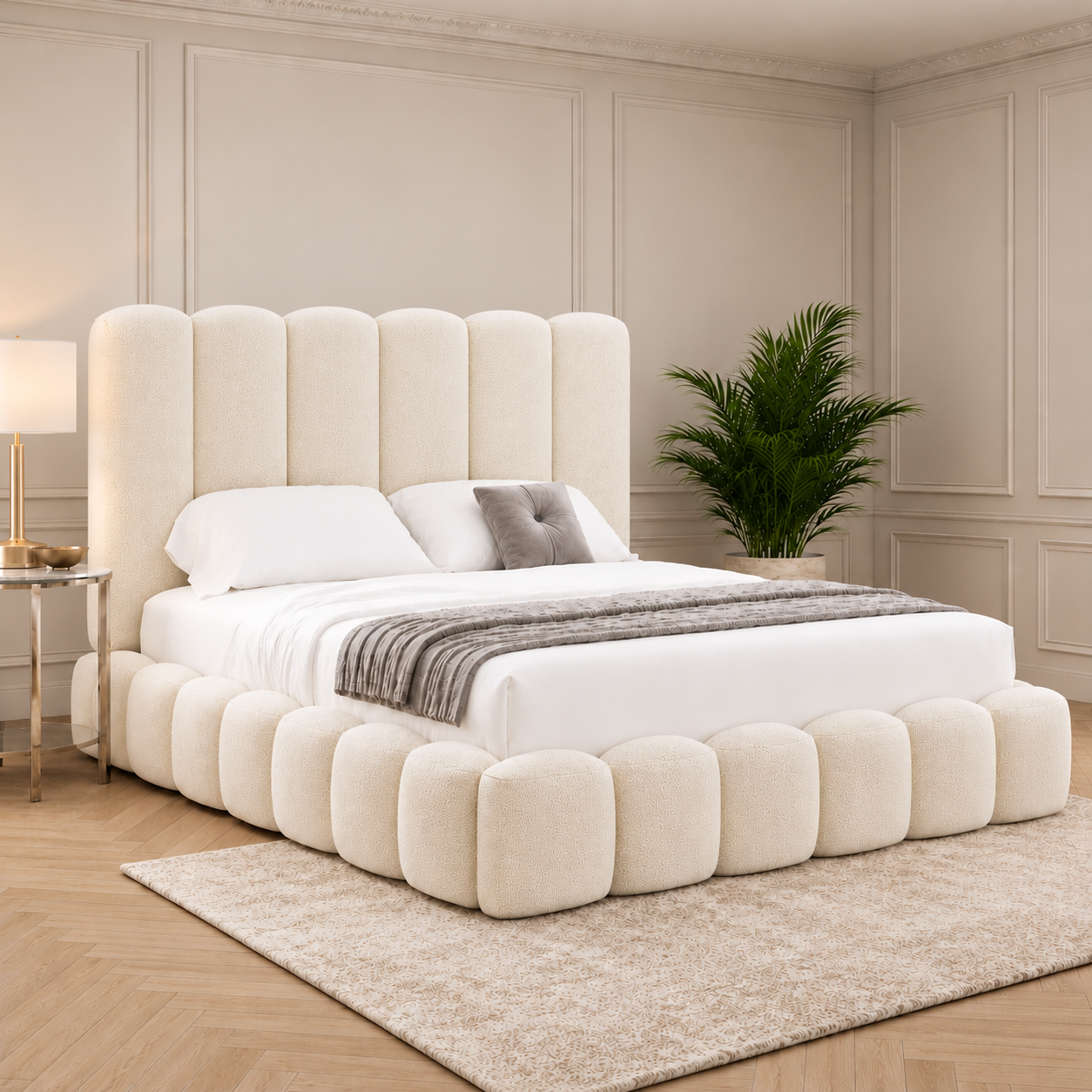 1. Teddy bouclé ottoman storage bed frame with luxury upholstered panel design