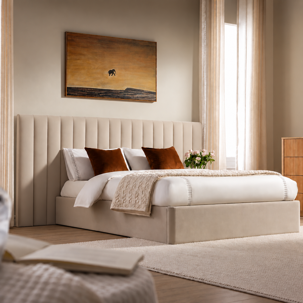 Luxury extra wide headboard bed with 3 piece upholstered panel design