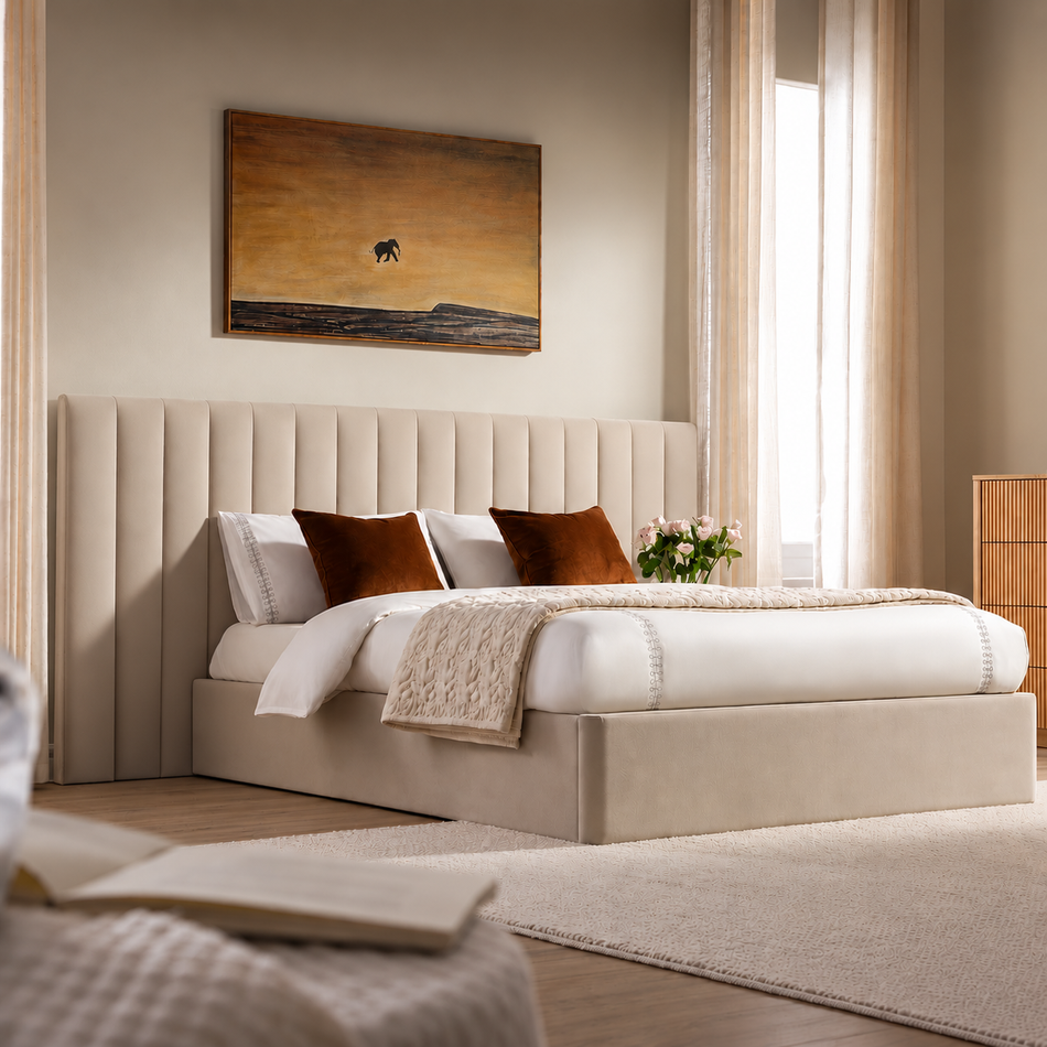 Luxury extra wide headboard bed with 3 piece upholstered panel design