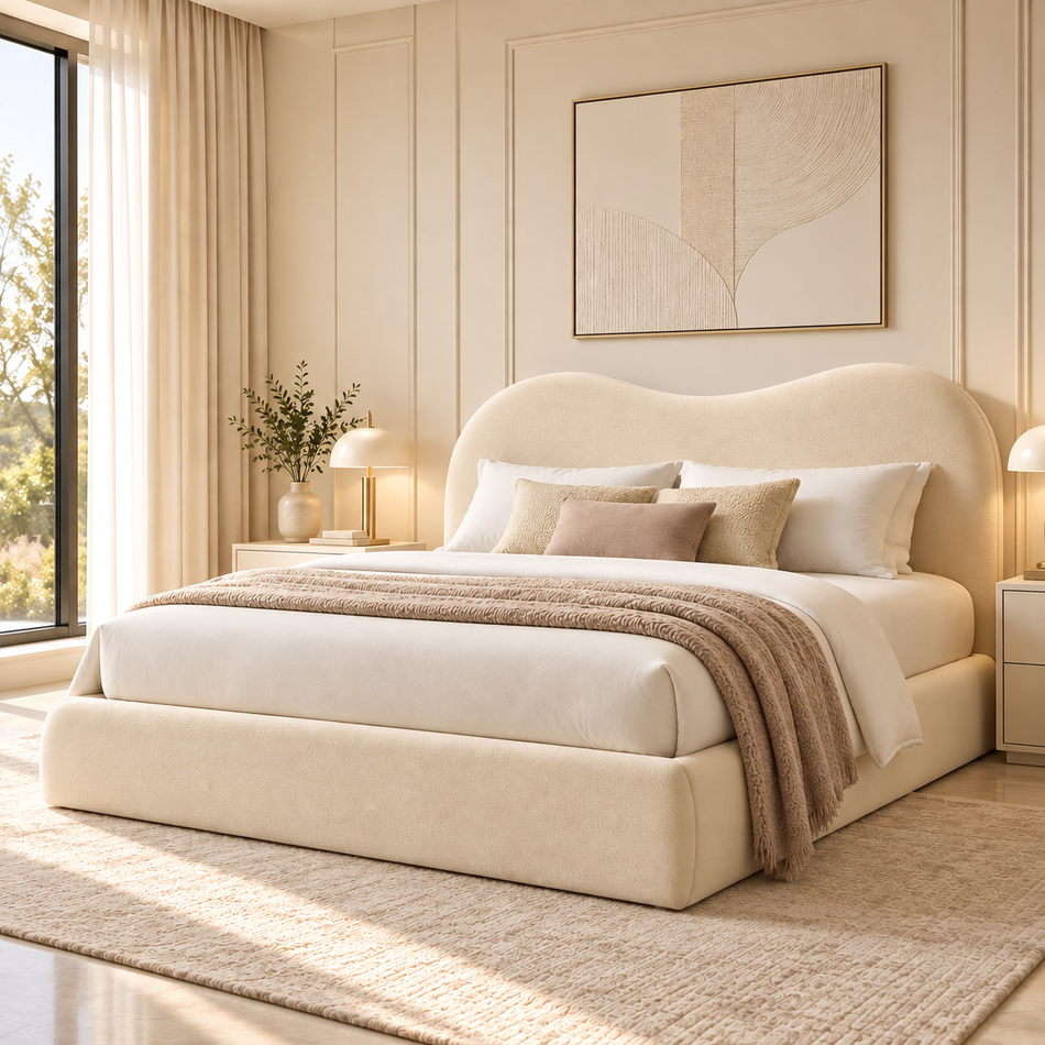 Luxury curved bed frame with wave headboard and cream upholstered finish