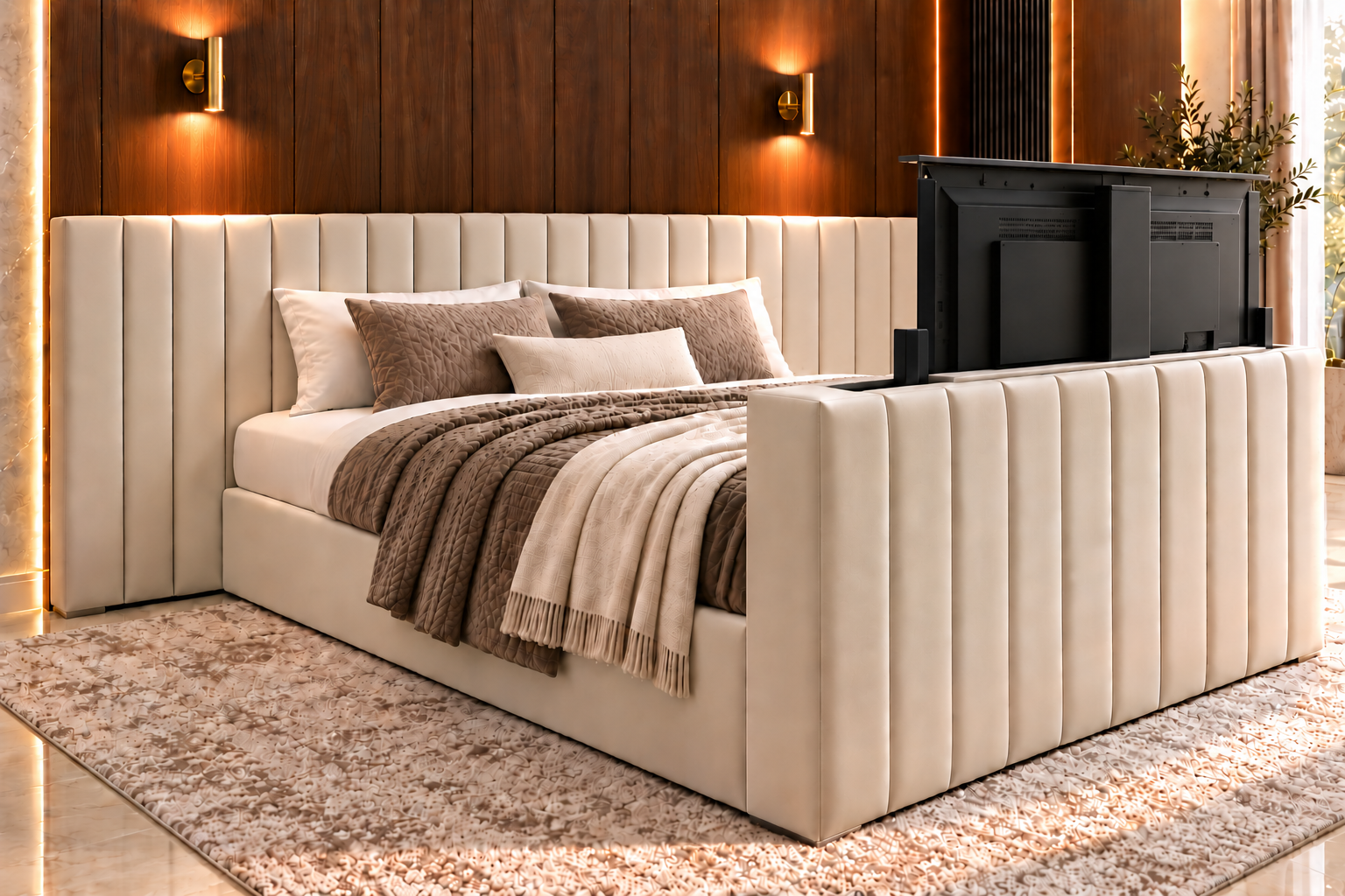 Luxury TV bed frame with extra wide 3 piece upholstered headboard and electric TV lift