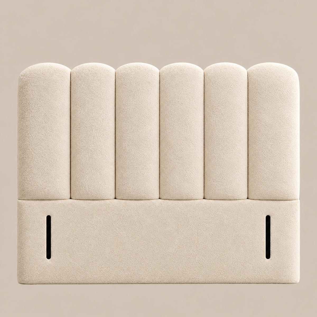 Luxury cream bouclé divan bed with 48 inch tall vertical panel upholstered headboard, handmade in the UK