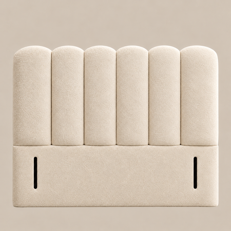 Luxury cream bouclé divan bed with 48 inch tall vertical panel upholstered headboard, handmade in the UK