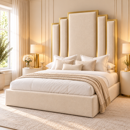 Handmade Art Deco gold trim bed frame with tall padded headboard and matching gold-accented footboard, available in UK double, king and super king sizes.