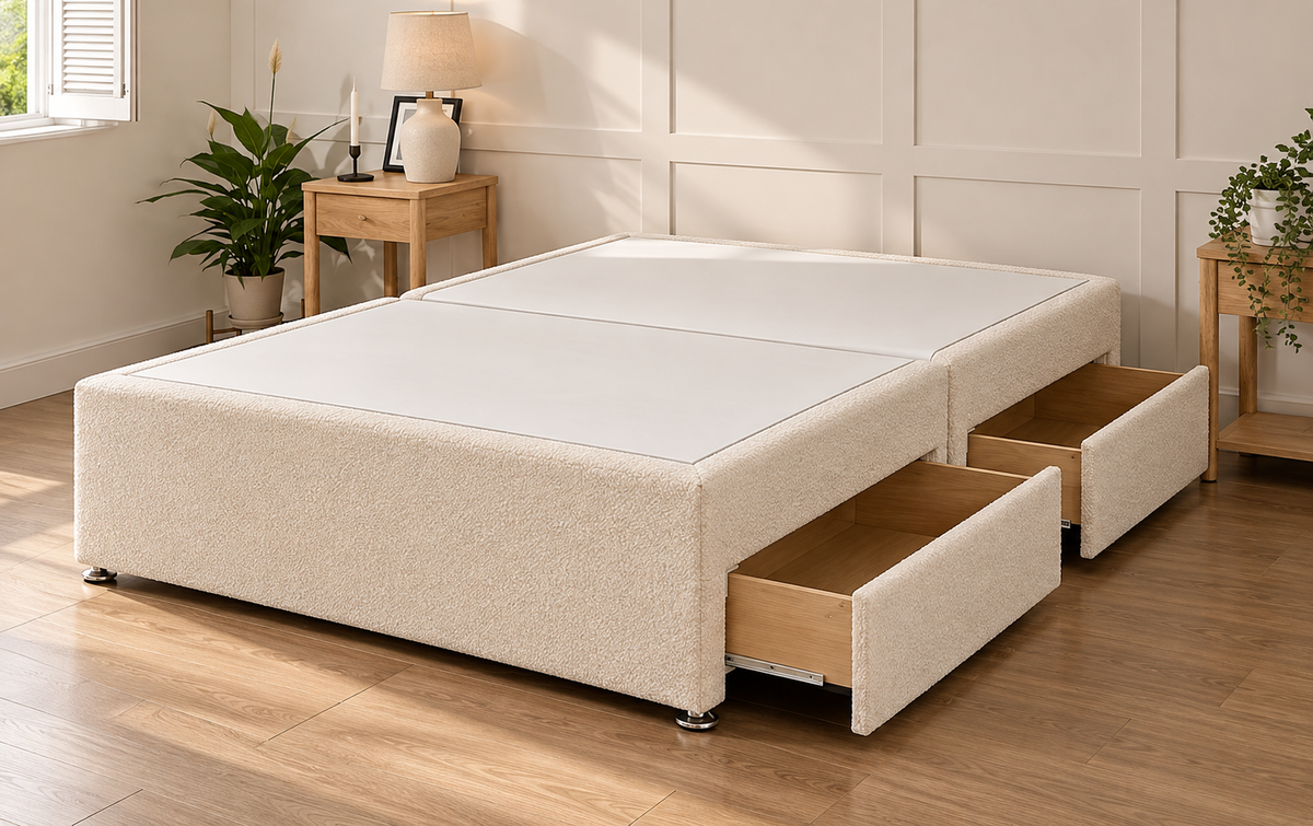 Luxury upholstered bouclé divan bed with 54 inch padded headboard in soft cream teddy fabric
