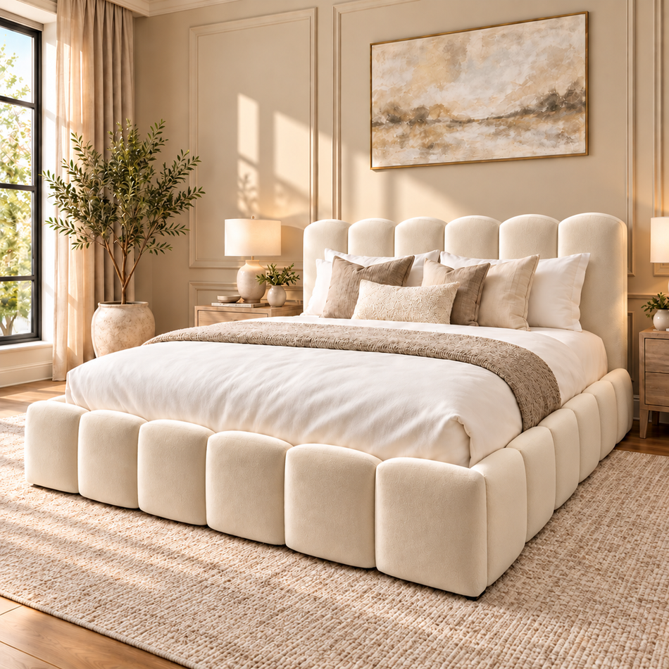 Luxury scallop bed with 48-inch curved panel upholstered headboard in cream