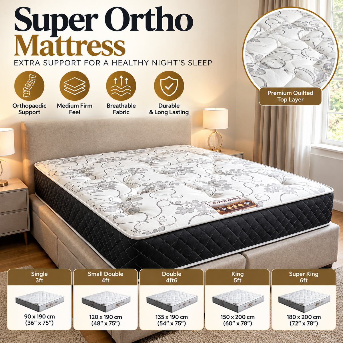 Luxury Super Ortho Mattress – Woman relaxing on a premium quilted mattress with a floral design and black padded sides.