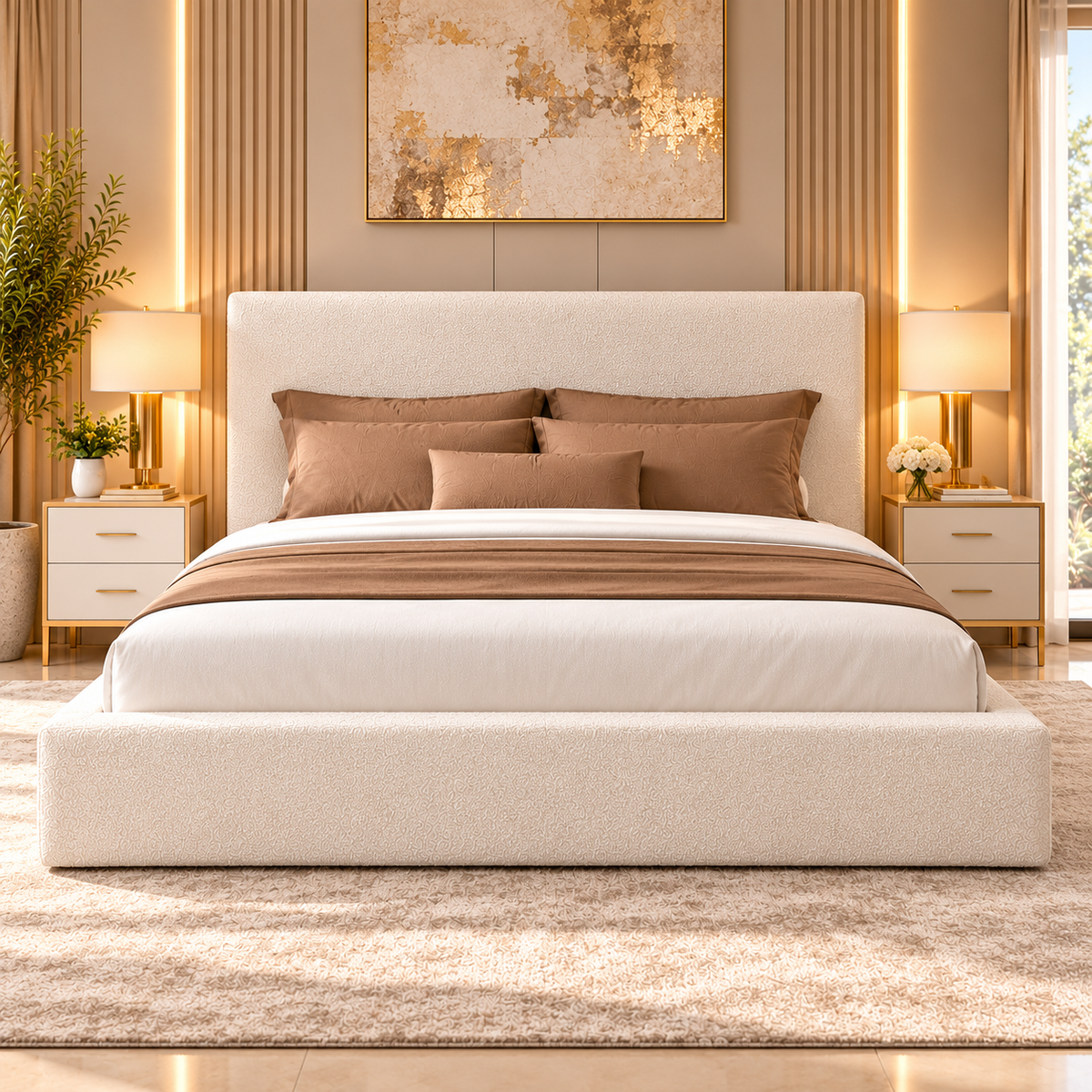 Modern luxury bouclé king size bed frame handmade in the UK