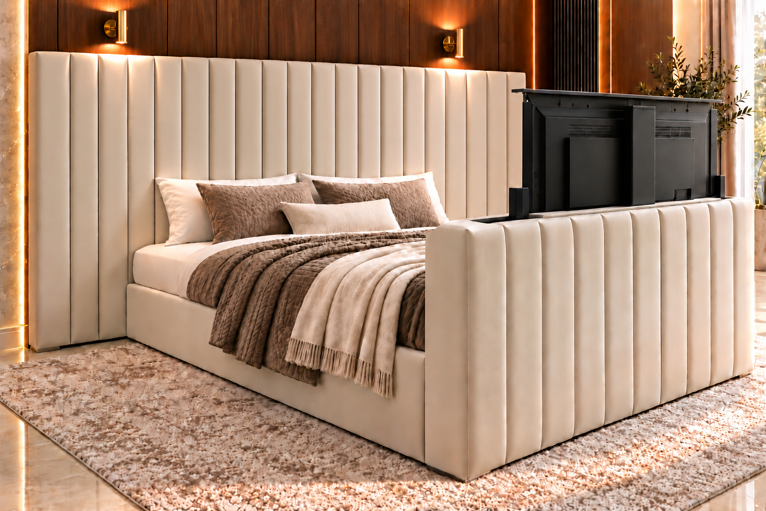 Luxury upholstered TV bed frame with 37 inch footboard and hidden television lift