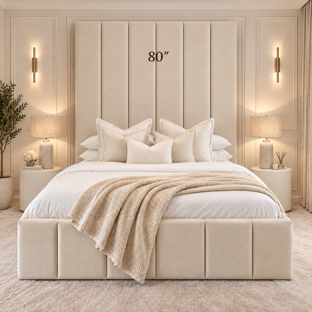80 inch luxury upholstered bed frame with extra tall vertical panel headboard in cream