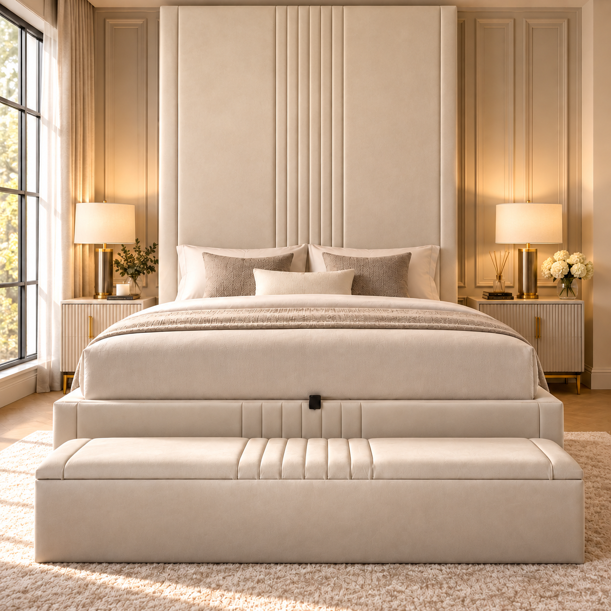Luxury tall headboard bed with 80 inch statement upholstered headboard