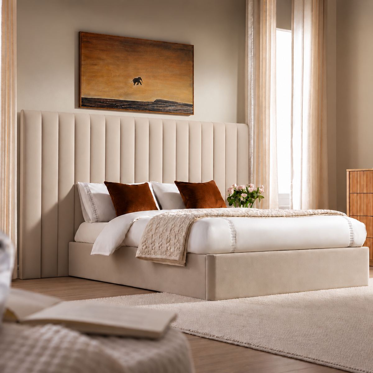 Luxury Ottoman storage bed with extra-wide 3-piece headboard and vertical panels