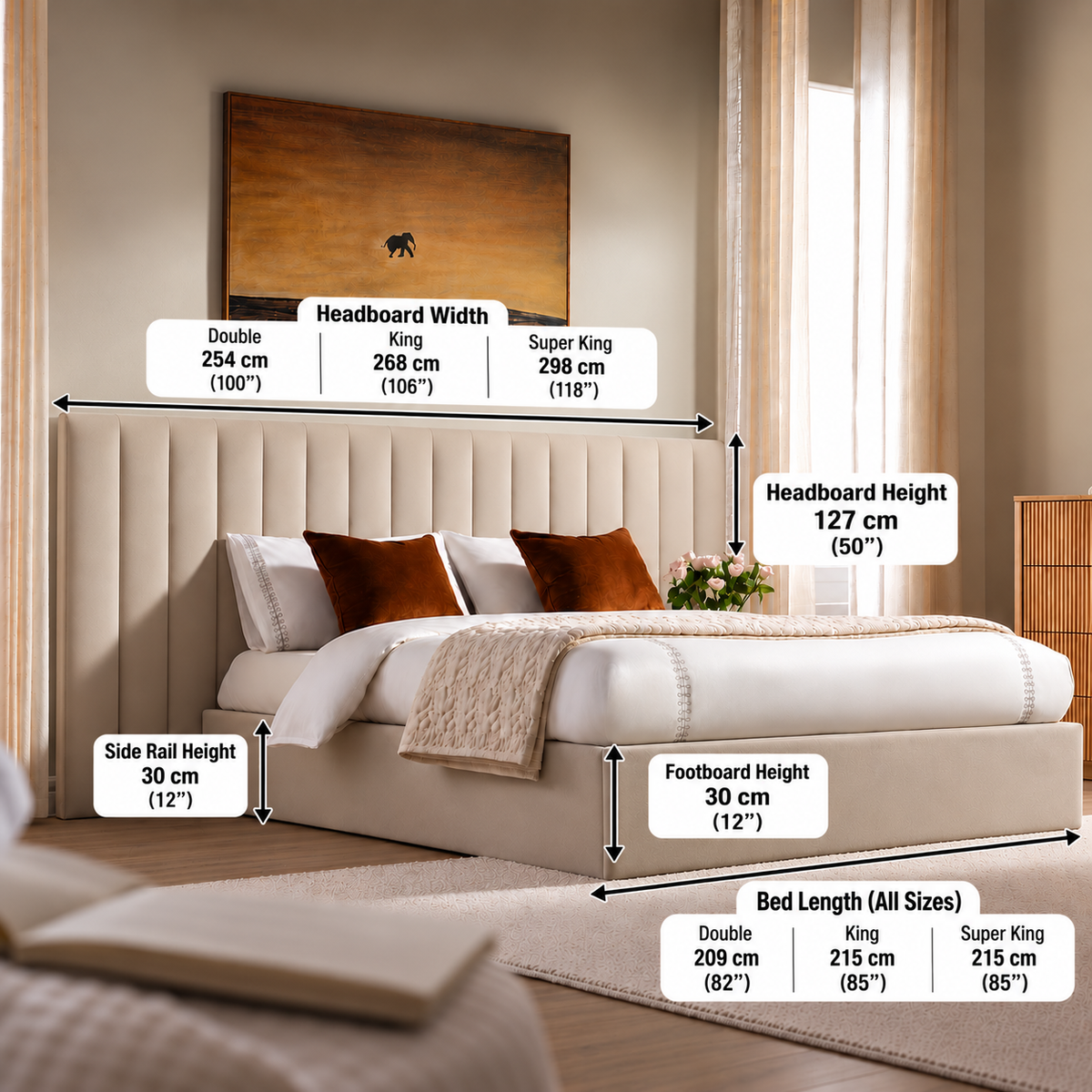 3 piece headboard bed with extra wide hotel style upholstered headboard