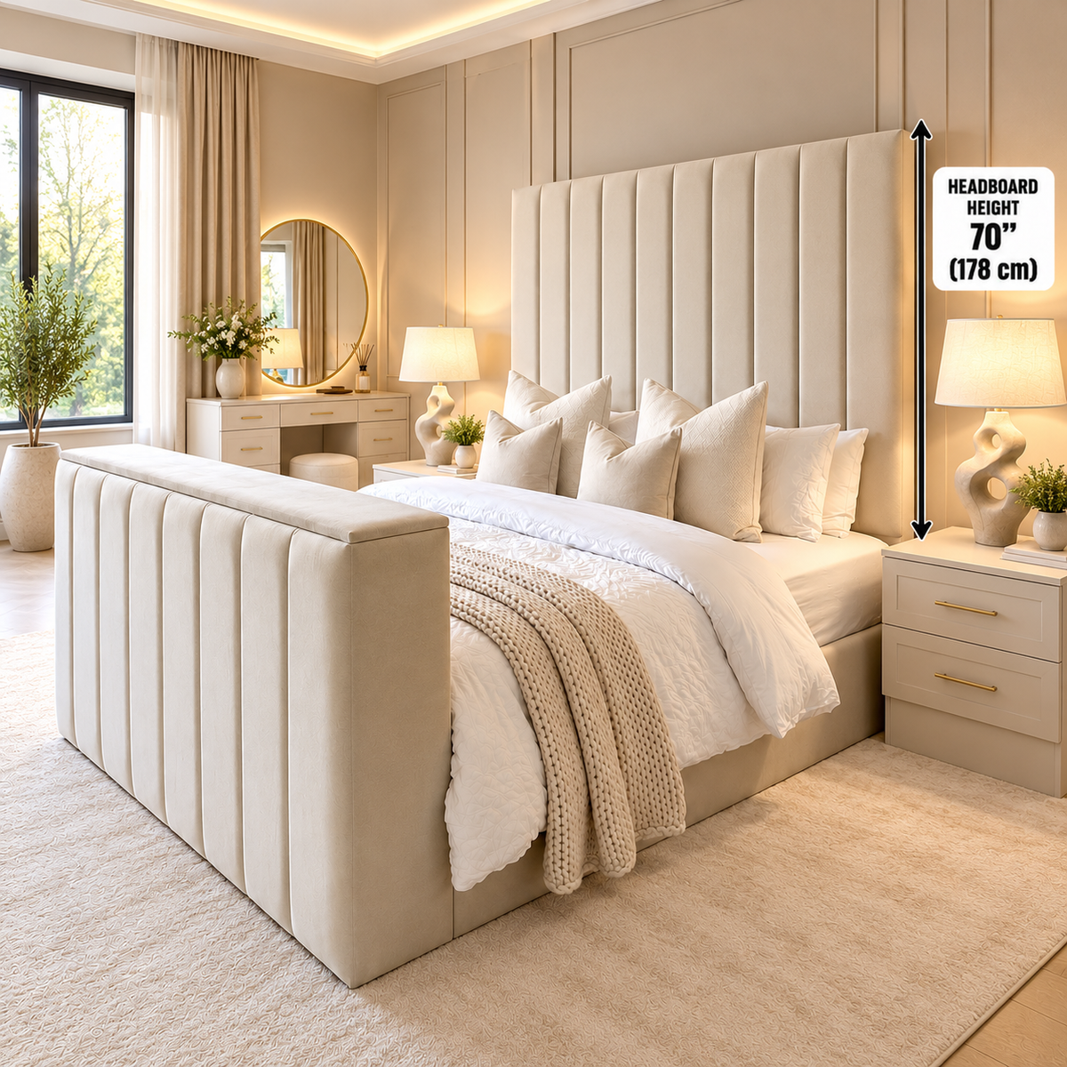 Luxury 70 inch headboard TV bed with optional ottoman storage in Double, King and Super King