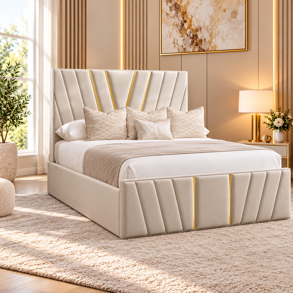 Luxury gold trim upholstered bed frame in cream with modern geometric panel headboard and matching footboard, handmade in the UK.