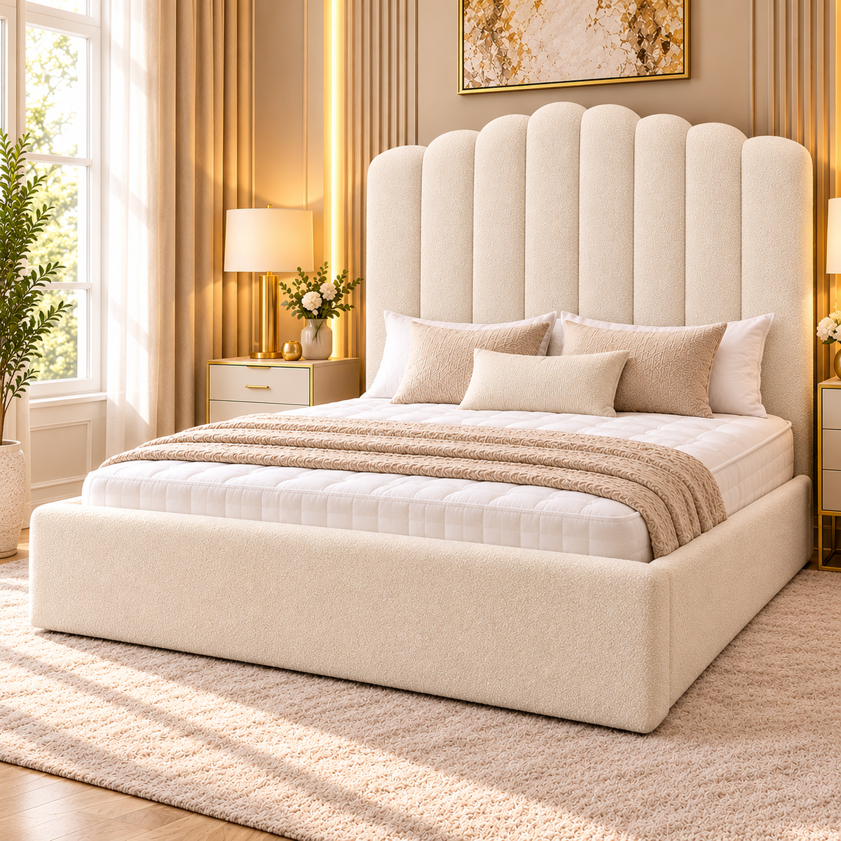 1. Luxury teddy bouclé bed frame with tall 60 inch curved panel headboard in double, king and super king sizes.